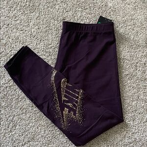 Nike Dark Purple Leggings with Sparkling Gold Logo - XL